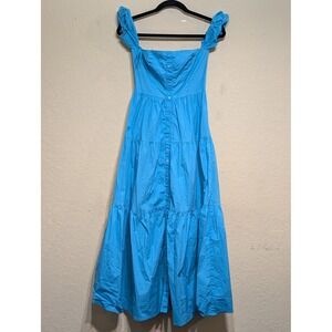 Staud‎ Tiered Maxi Dress Blue Button Front Off Shoulder Size 00
